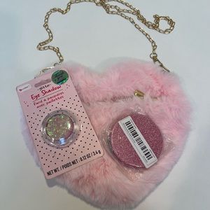 NWOT Pink Bundle - fluffy heart shoulder bag, glitter mirror and eye shadow